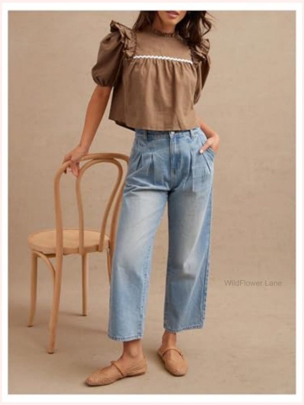 Puff Sleeve Crop Top Babydoll Mock Neck Ruffle Blouse Dressy Casual - Picture 4 of 5